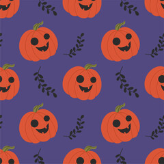 Seamless pattern with festive Halloween pumpkins and black branches on a purple background. An orange Jack-o'-lantern with carved faces. Scrapbook, fabric, wrapping paper.