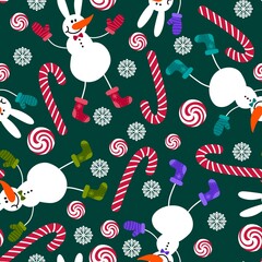 Winter ice snowman seamless Christmas pattern for Noel and wrapping paper and kids clothes print and snowflakes