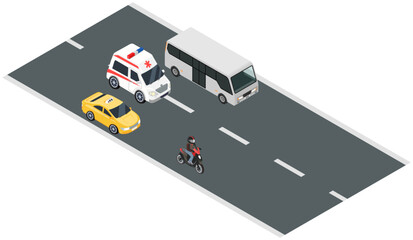 Municipal transport moves along road of city. Ambulance car, police, public city bus and motorcycle or moped. Vehicle for transporting passengers and patients. Automobile driving on highway of town