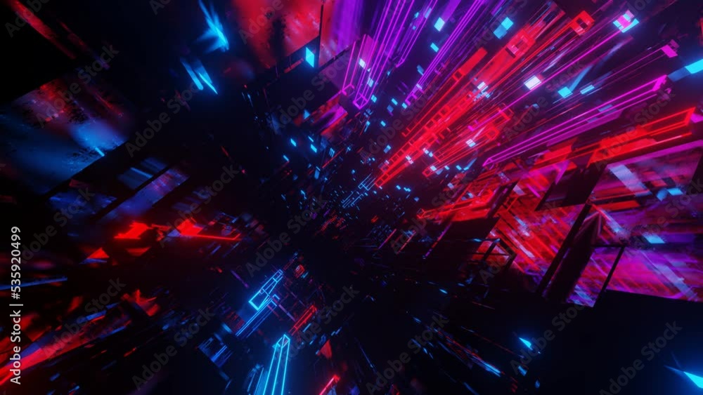 Poster hi-tech neon sci-fi tunel. trendy neon glow lines form pattern and construction in mirror tunnel. fl