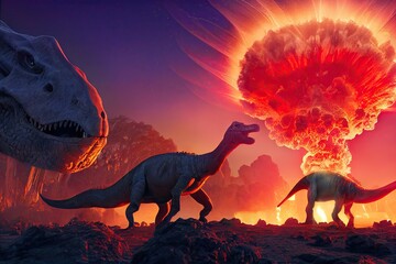 Extinction of the dinosaurs by a meteor impact in a jurassic forest. 3D rendering.