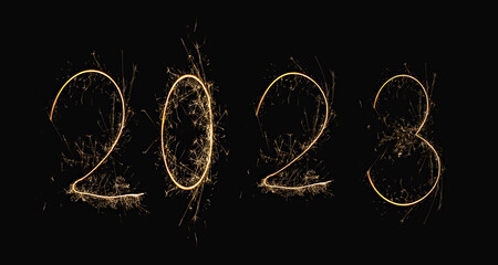 New Year 2023 text handmade written sparkles fireworks. Beautiful Shiny Golden numbers 2023...
