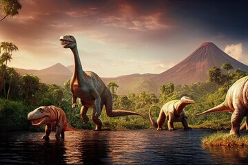 Dinosaurs in the nature park of the Jurassic period. Natural habitat and environment of the ancient dinosaurs with forests, lakes, and volcanoes. 3D rendering.