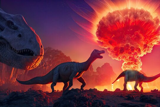 Fototapeta Extinction of the dinosaurs by a meteor impact in a jurassic forest. 3D rendering.
