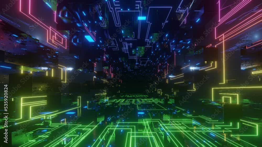 Poster fly through technology cyberspace with rainbow neon glow. sci-fi flight through hi-tech technology t
