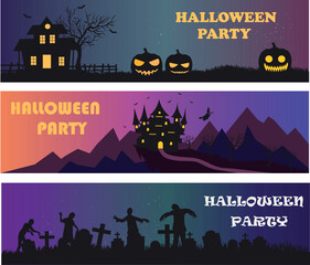 Vector set of three creepy acid grunge colorful halloween banners as blank for design