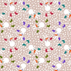 Winter ice snowman seamless Christmas pattern for Noel and wrapping paper and kids clothes print and snowflakes
