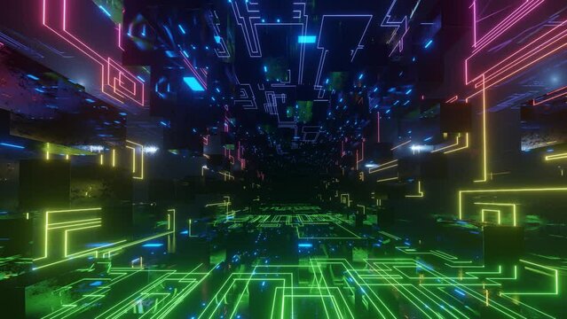 Fly through technology cyberspace with rainbow neon glow. Sci-fi flight through hi-tech technology tunnel. Glow line form pattern like sci-fi hologram. 3d looped seamless 4k bright bg. Data flow