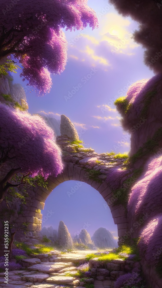 Wall mural Fairytale garden with stone arch and lilacs. Fantasy landscape, lilac bushes, stone arch, portal, entrance, unreal world. 