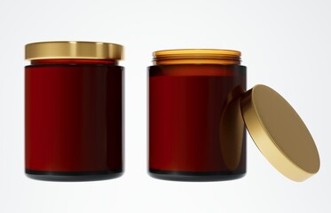 Aroma candle in brown glass jar with cotton wick and yellow gold lid 3D render different angles, branding and design ready commercial realistic wax candle mock-up