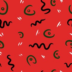 Seamless pattern with black zigzags, white stripes and an abstract green pattern on a red background