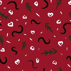 Seamless pattern with minimalist Christmas trees and abstract elements on a burgundy backdrop