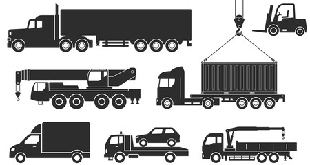 Cargo transportation and lifting machines. Collection of vector icons of construction and material handling equipment: crane, truck, loader, tow truck, container ship. Special equipment icons set.