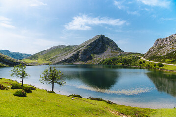 Naklejka na ściany i meble view of lake enol from the lakes of covadonga in the picos de europa national park, asturias, spain.