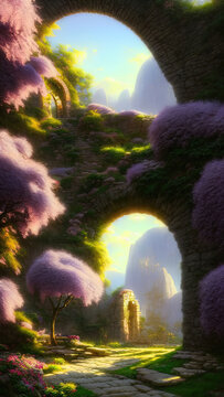 Fairytale garden with stone arch and lilacs. Fantasy landscape, lilac bushes, stone arch, portal, entrance, unreal world. 