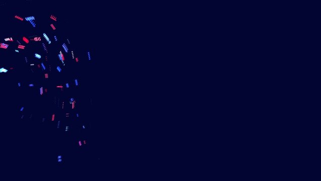 symbols form whorls, information ai construction of digits. Vj loop hologram abstract multicolored bg. Letters or digits form lines, lines form curls grid. info technology. Information flow concept