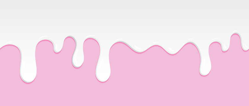 Seamless pattern of milk dripping. Milk or white liquid dripping. Beautiful background. Realistic design. Dessert background with milk. Banner seamless pattern. Vector illustration