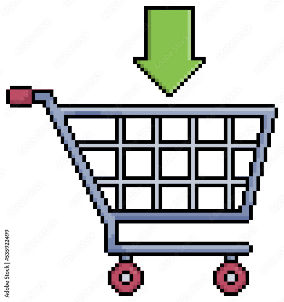 Poster pixel art supermarket cart with add arrow, shopping cart vector icon for 8bit game on white backgrou