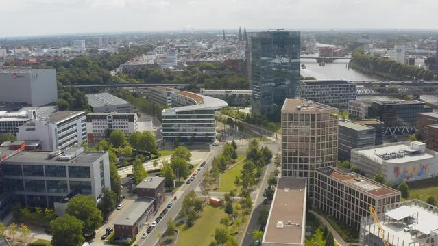 Aerial of Überseestadt new area in Walle in Bremen with skyscrapers and modern business buildings