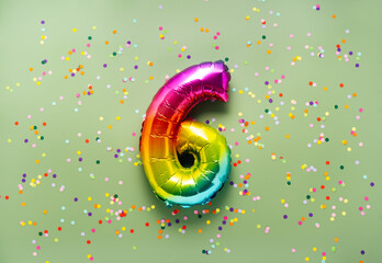 Colorful balloon number 6 on light green background. New Year of birthday concept