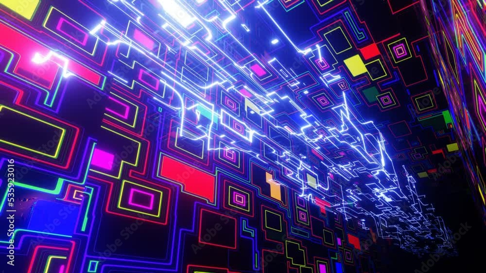 Poster fly through technology cyberspace with neon glow. sci-fi flight through hi-tech technology tunnel. g