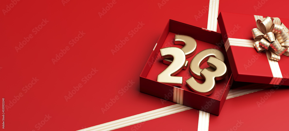 Poster minimal product background for christmas, new year and sale event concept. red gift box with golden 
