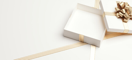 Minimal product background for Christmas, New year and sale event concept. White gift box with golden ribbon bow on white background. 3d render illustration. Clipping path of each element included.