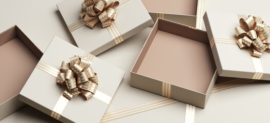 Minimal product background for Christmas, New year and sale event concept. Beige gift box with golden ribbon bow on beige background. 3d render illustration. Clipping path of each element included.
