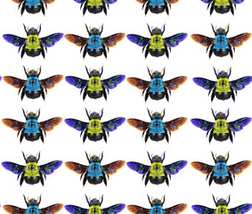 Colorful yellow blue bumblebee background, seamless unusual pattern, nature concept, entomology insects