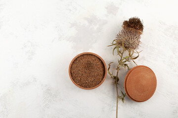 Silybum marianum, milk thistle or Scotch thistle. Herbal extract, superfood for aiding liver...