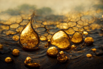 Close-up of melted golden material drops