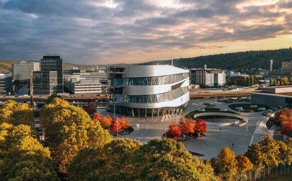 Autumn Skyline Panorama Of Mercedes-Benz Museum, Daimler AG Headquarters And Car Plant In Stuttgart, Germany - October 2021