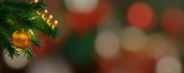 Fondo de Navidad con decoración dorada y árbol de navidad - Banner de Navidad - Renderizado 3D