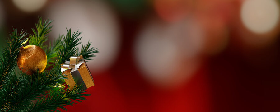 Fondo de Navidad con decoración dorada y árbol de navidad - Banner de Navidad - Renderizado 3D