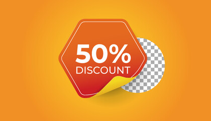 Hexagonal red discount labels isolated on orange background