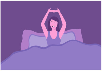 Young smiling woman wake up and stretching  in bedroom vector illustration.