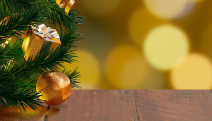 Fondo de Navidad con decoración dorada y árbol de navidad - Banner de Navidad - Renderizado 3D