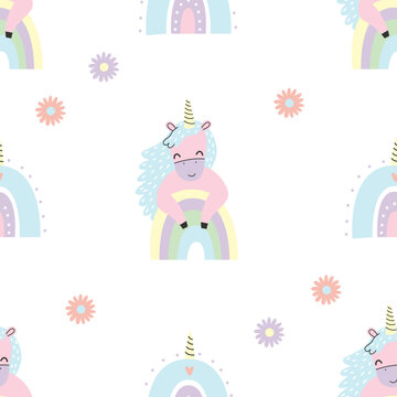 Seamless pattern with cute pink unicorn, rainbow and flowers. Vector illustration