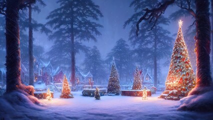 Fototapeta na wymiar New Year's winter garden with decorated Christmas trees, lights, garlands. Festive New Year decorations, festive city. Christmas lanterns, decorated street, winter, snow, postcard. 