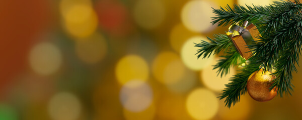 Fondo de Navidad con decoración dorada y árbol de navidad - Banner de Navidad - Renderizado 3D