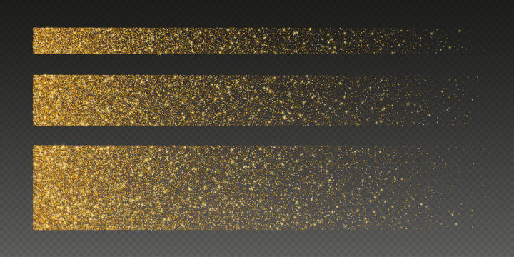 Golden glitter brush strokes, shiny star dust lines, luxury shimmery particles isolated on a dark background. Vector illustration.
