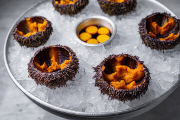 a dish of sea urchins on ice