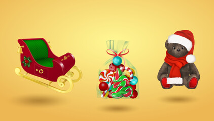 Christmas and New Year set. Realistic 3D design objects santa claus golden sleigh, transparent bag with candies, cute children's toy teddy bear. Editable vector illustration