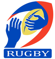 illustration of a rugby ball with hand holding fending off isolated on white