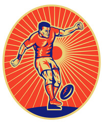 illustration of a rugby player kicking the ball set inside ellipse done in woodcut style.