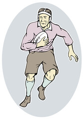 illustration of a rugby player running with ball done in cartoon style