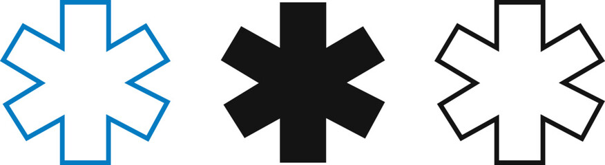 Set of three medical symbols blue, black with white Star of Life icon isolated on white background. First aid. Emergency symbol. Vector illustration. © Artemisia_Absinthium