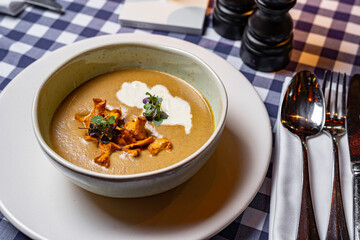 dish of mushroom soup on gray background