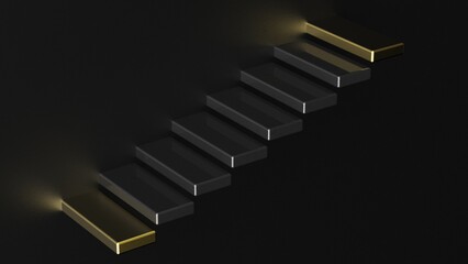 Black stairs leading to gold top and bottom step under black background. Concept 3D CG of success process, cramming for exams and road to wealth.