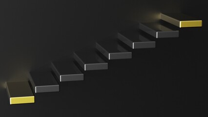 Black stairs leading to gold top and bottom step under black background. Concept 3D CG of success process, cramming for exams and road to wealth.